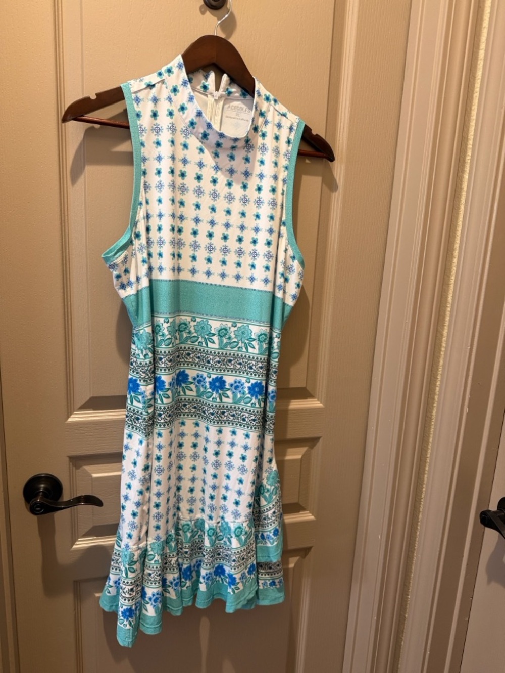 Sleeveless Aqua and White Floral Border Mini Dress